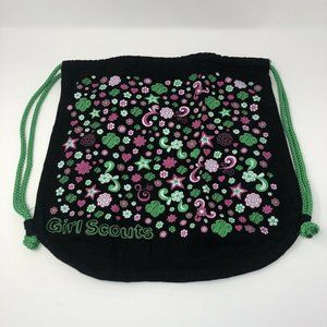 Girl Scouts Drawstring Bag Black Canvas Pink Green Floral Stars Print Washable